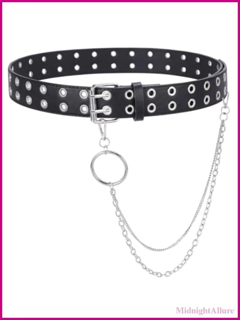 PU Leather Double Grommet Belt with Chain Double Prong Buckle Punk Rock